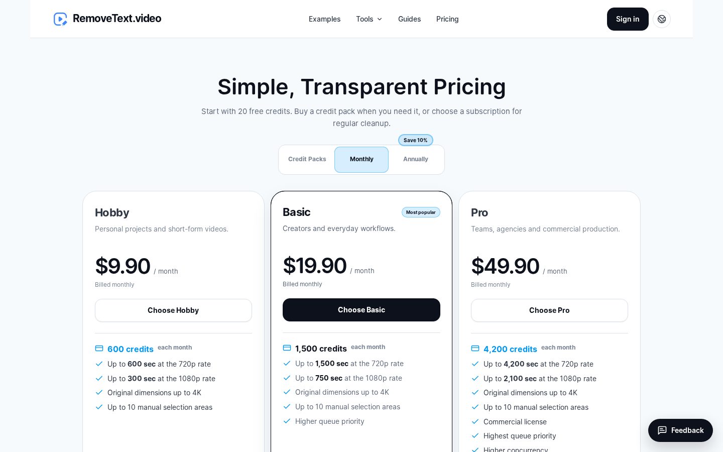 RemoveText.video Pricing