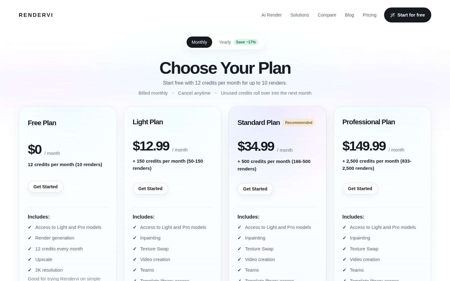 Rendervi Pricing