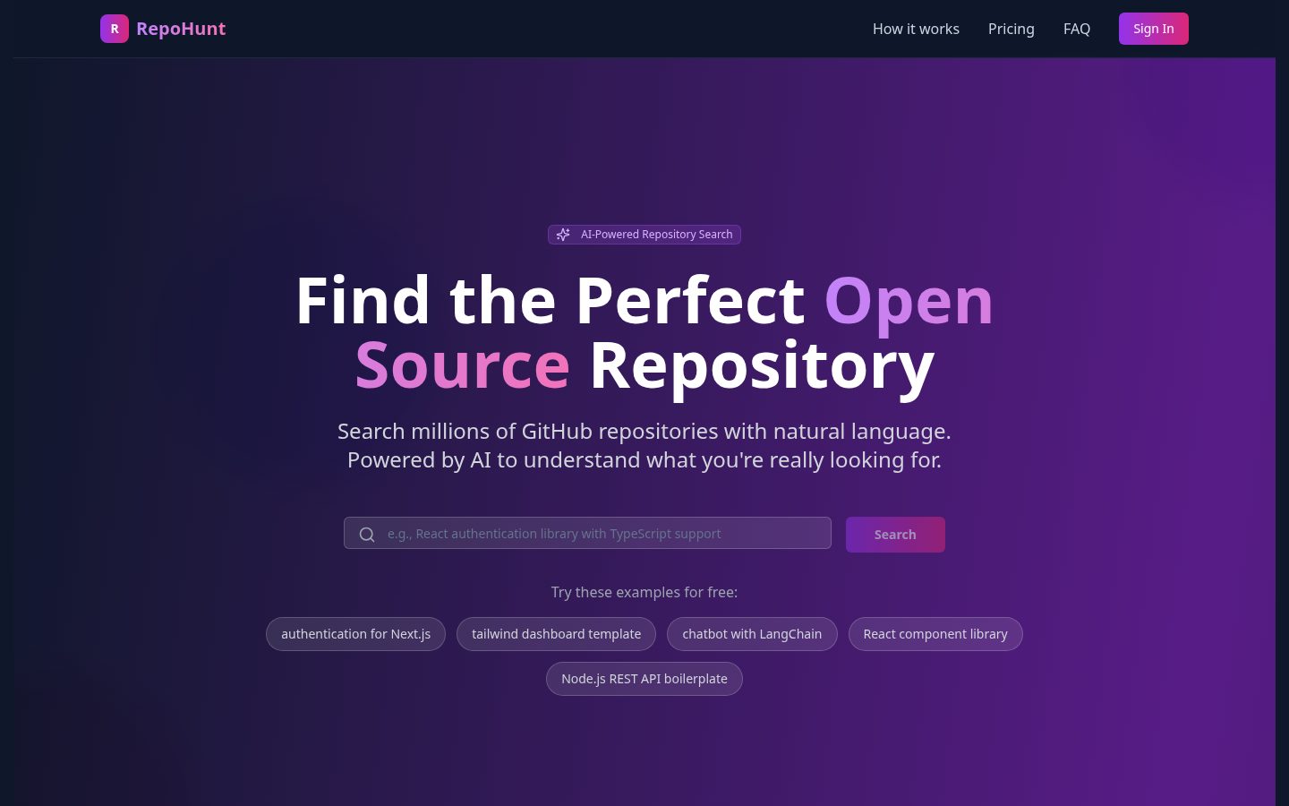 RepoHunt - Find GitHub Repositories with Natural Language Homepage