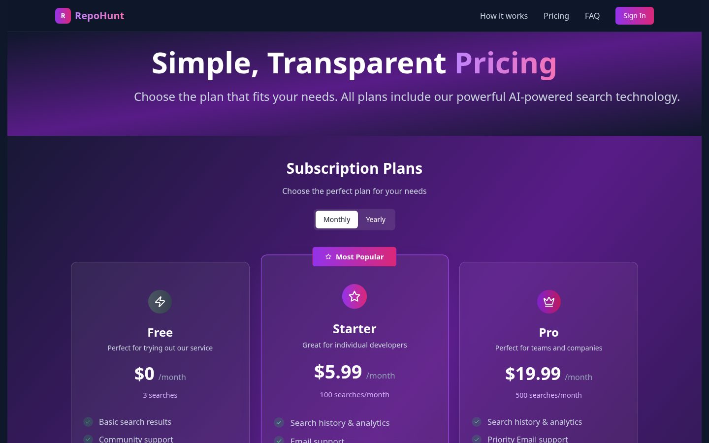 RepoHunt - Find GitHub Repositories with Natural Language Pricing