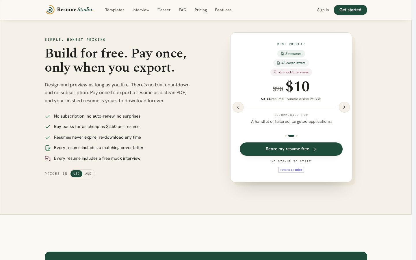 Resume Studio Pricing