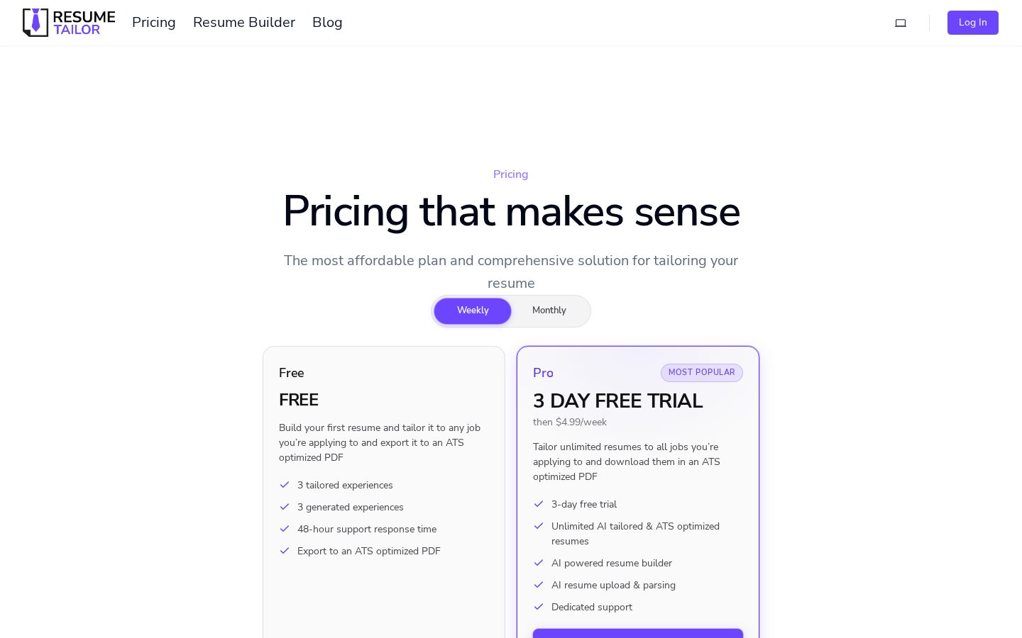 Resume Tailor Pricing