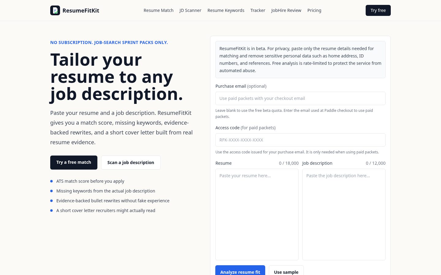ResumeFitKit Homepage