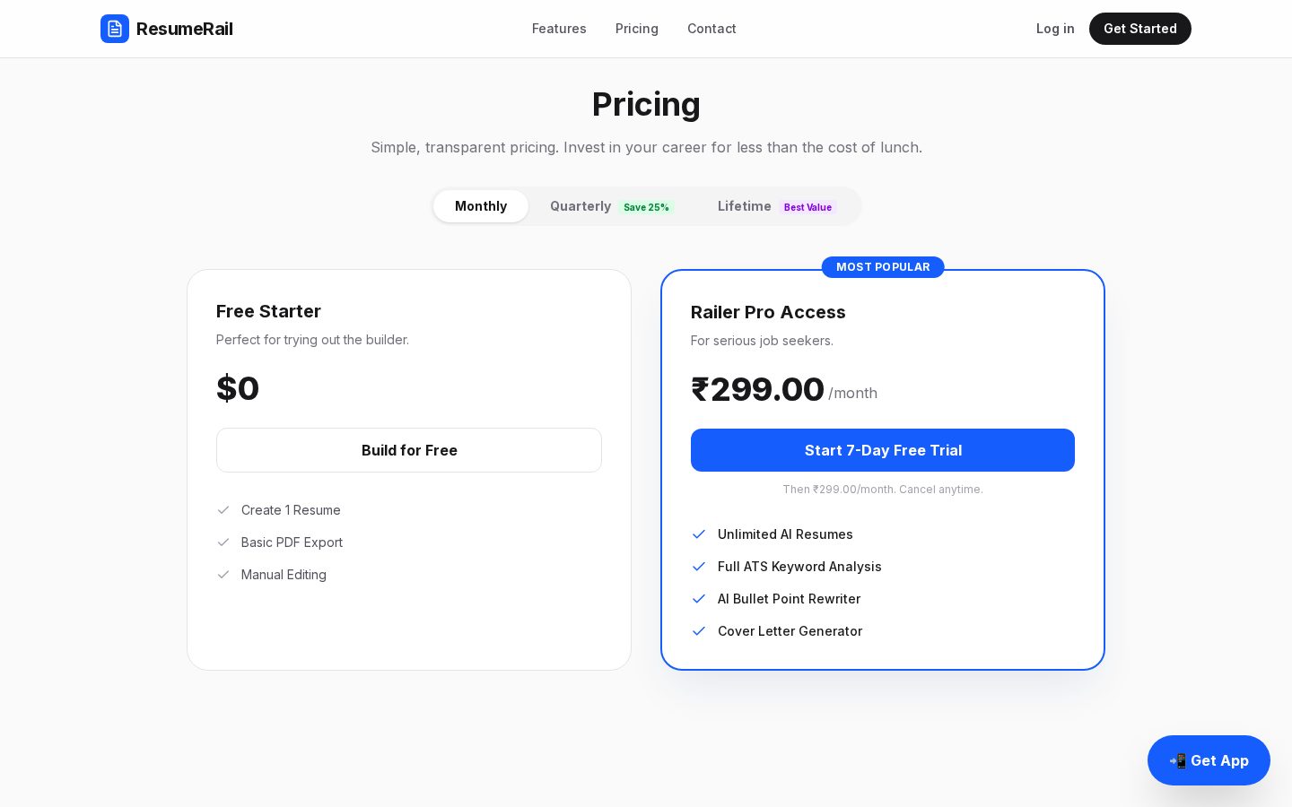 ResumeRail Pricing
