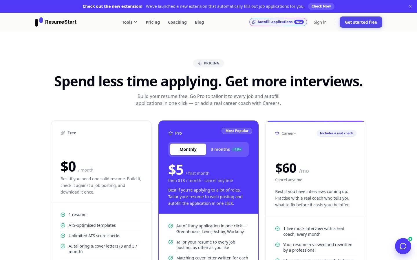 Resumestart Pricing