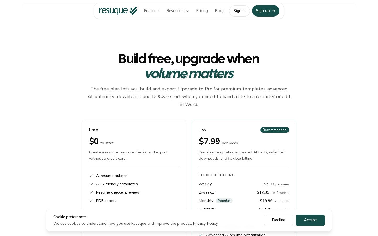 Resuque Pricing