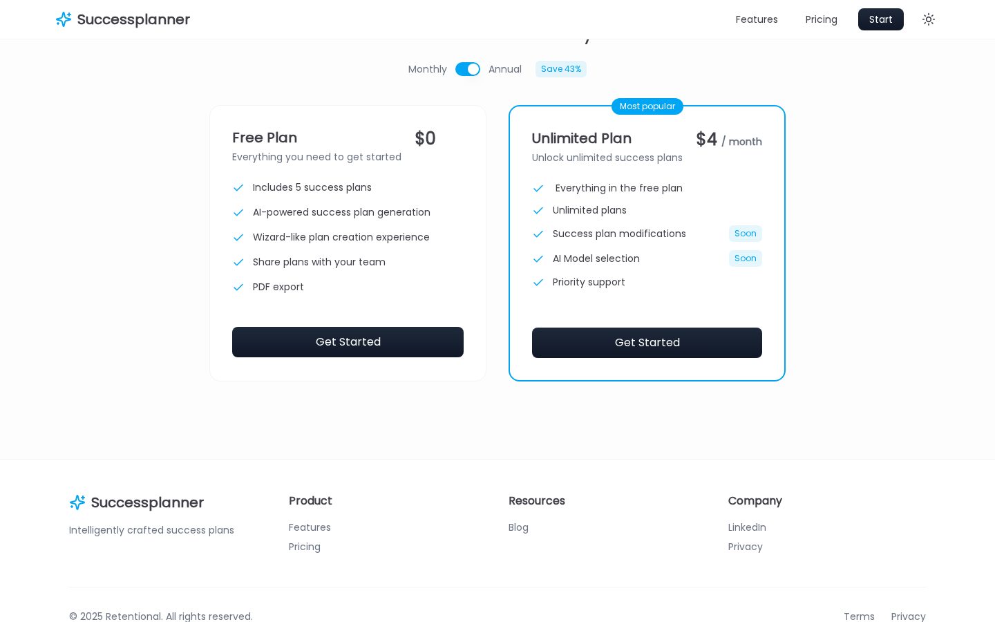 Retentional's Success Planner Pricing
