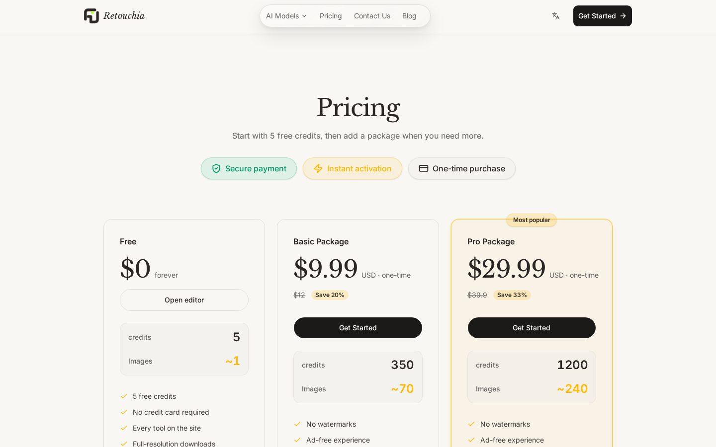 Retouchia Pricing