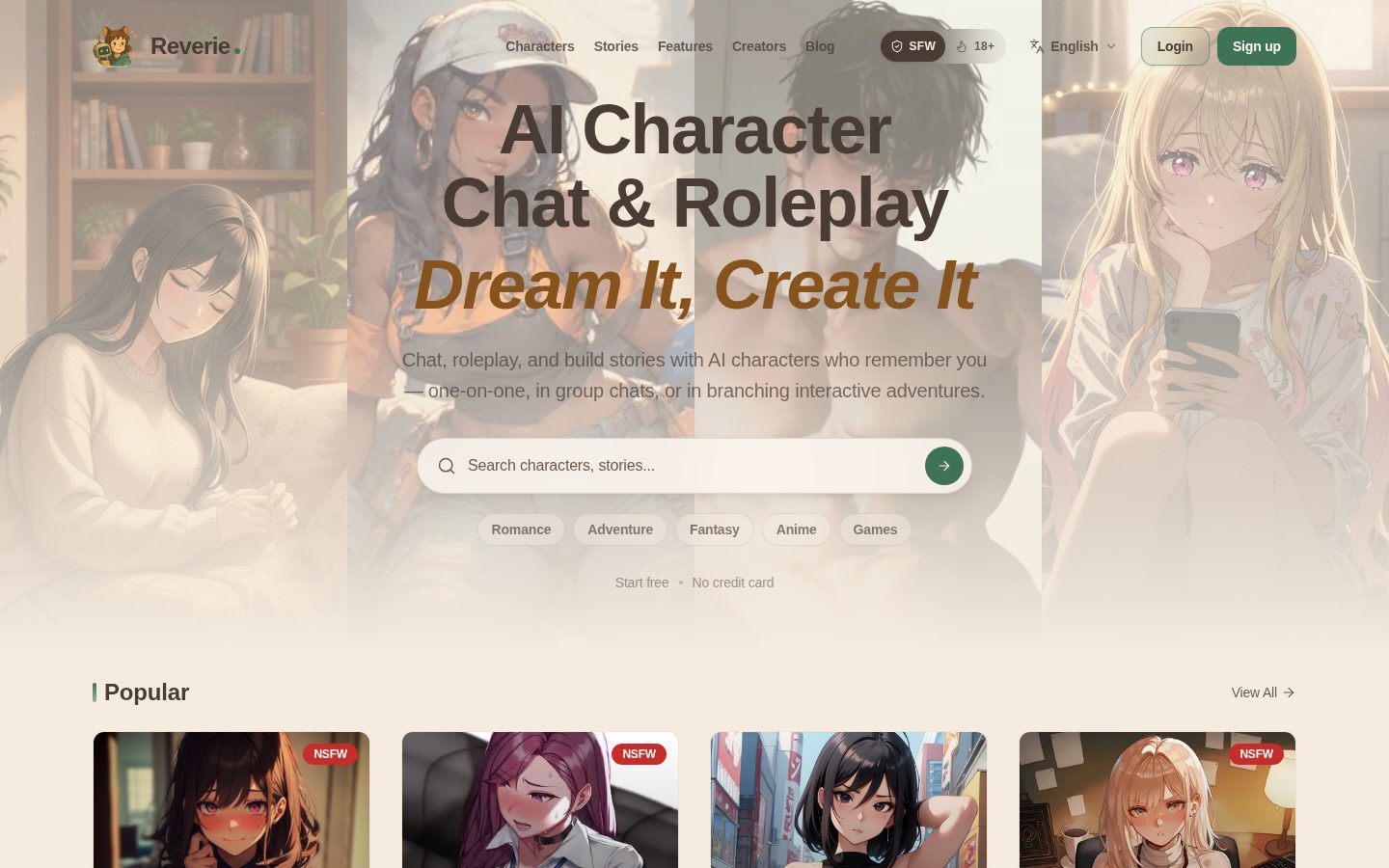 Reverie - Create and Chat with AI Soulmates Homepage