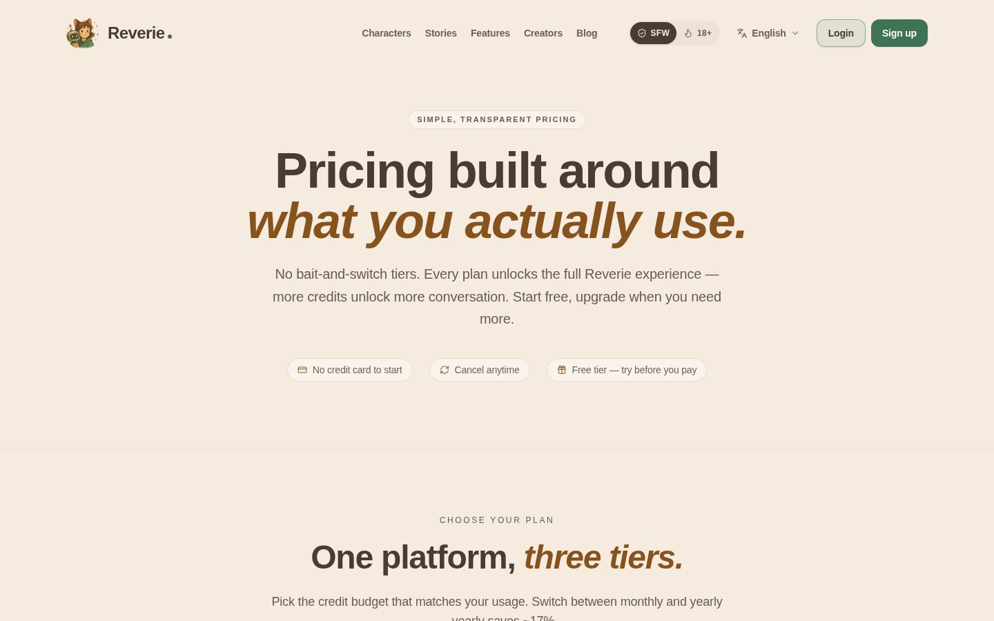 Reverie - Create and Chat with AI Soulmates Pricing