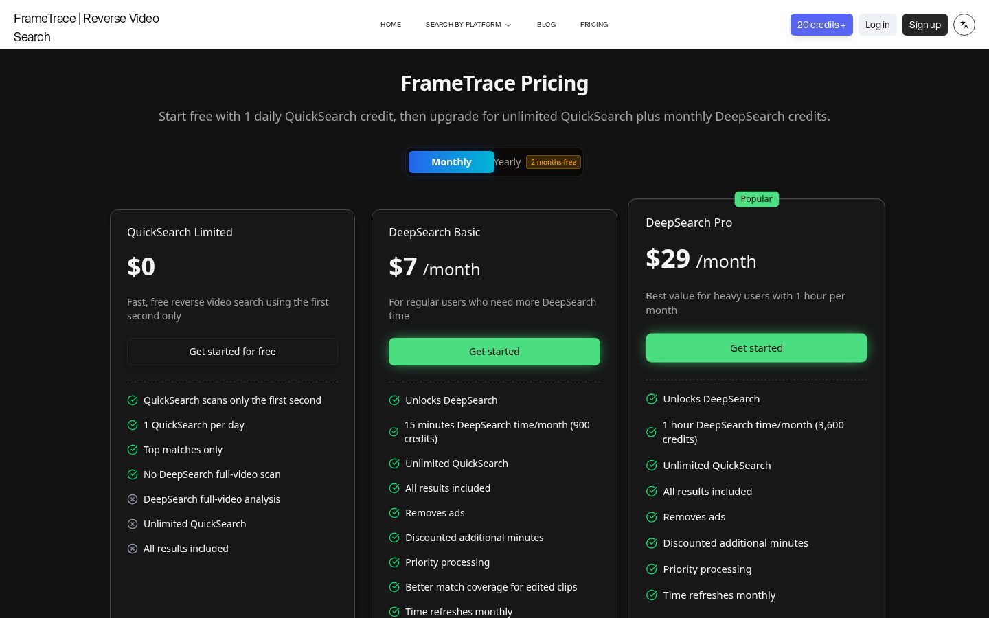 Reverse Video Search Pricing