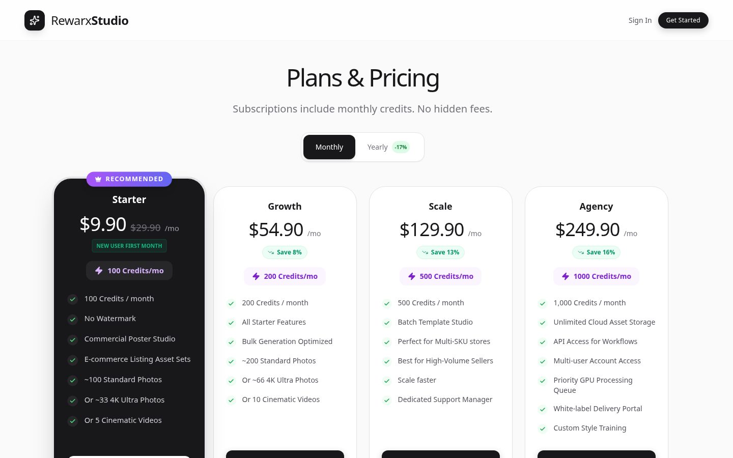 RewarxStudio AI Product Photo Pricing