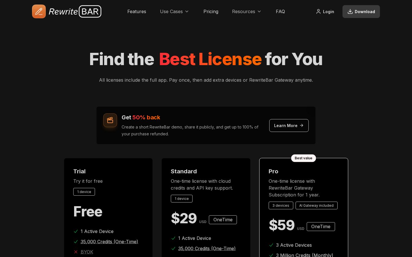 RewriteBar v2 Pricing