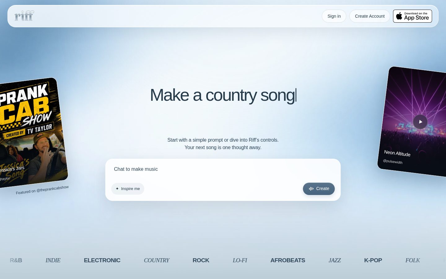 Riff AI Music Generator Homepage