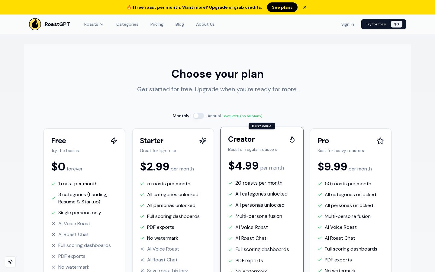 RoastGPT Pricing