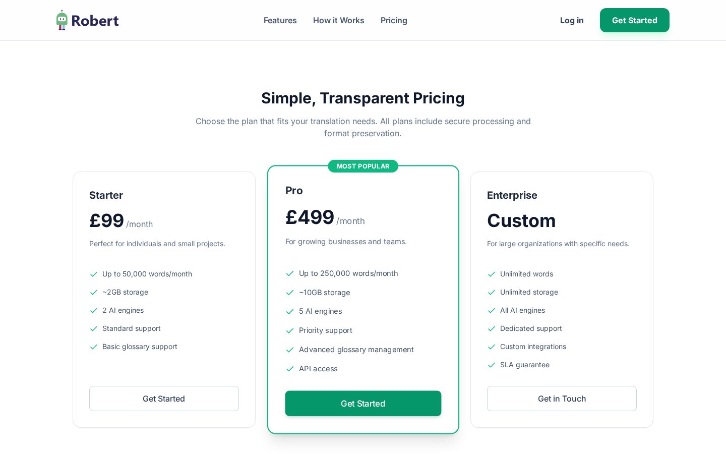 Robert AI Translation Platform Pricing