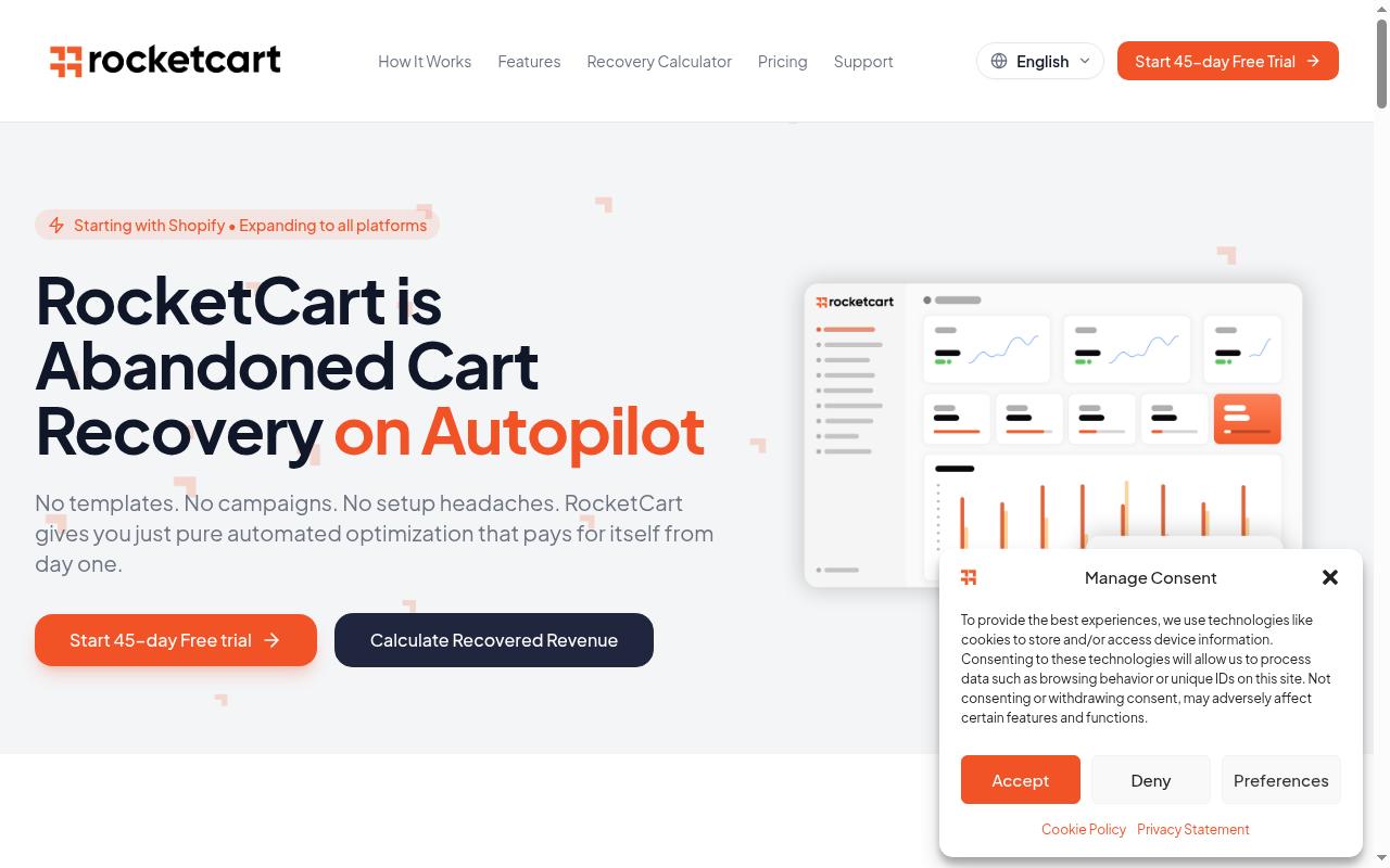 RocketCart - Abandoned Cart Recovery Homepage