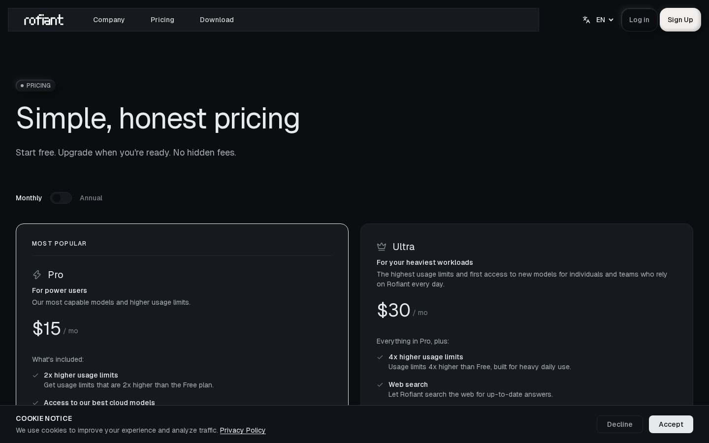 Rofiant Pricing