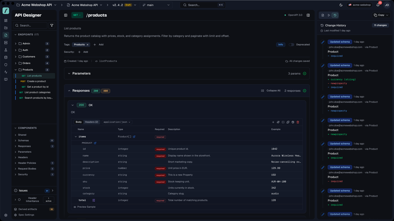Design the OpenAPI spec in a visual editor, with every change tracked.
