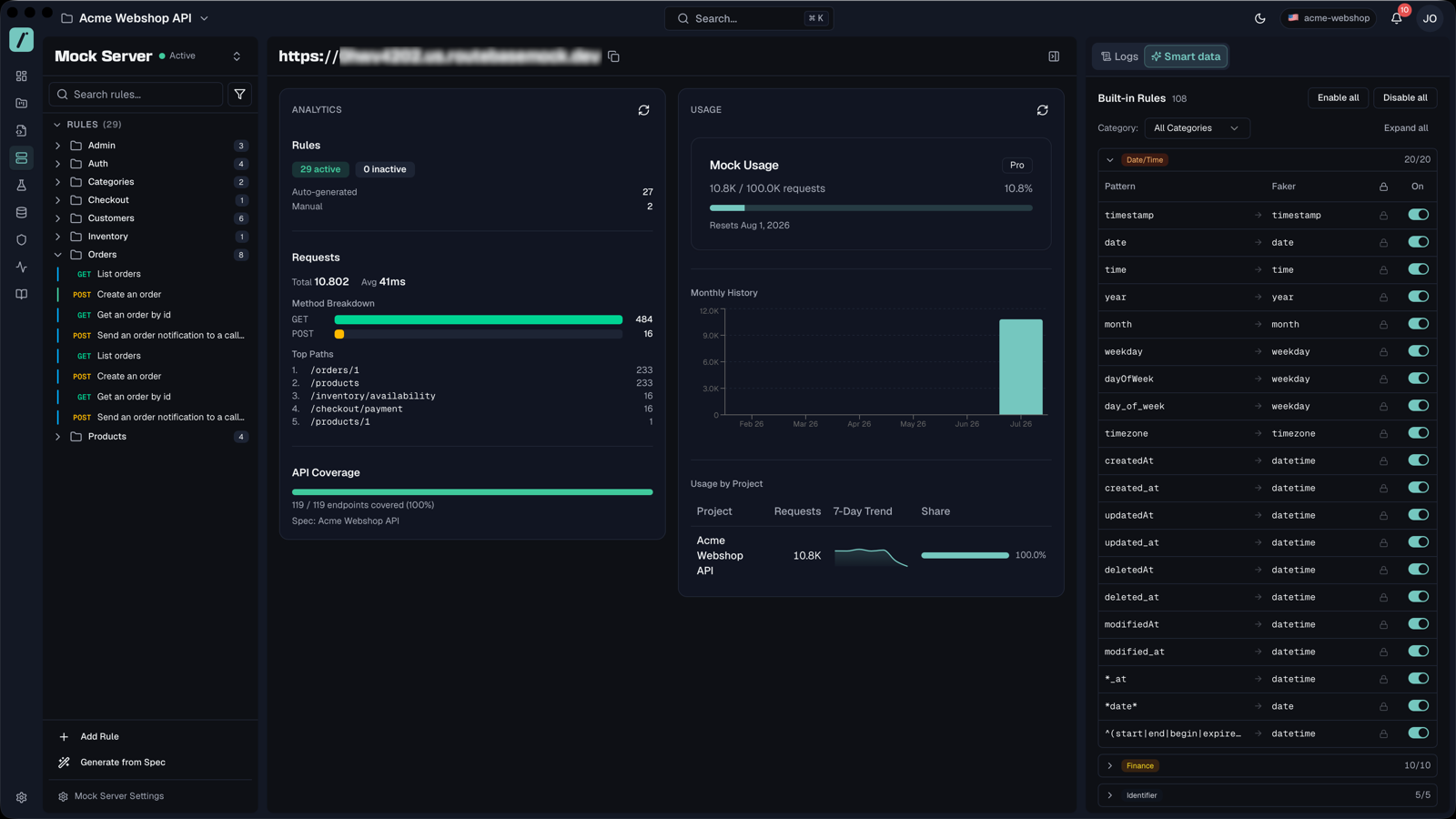 Mock servers are generated from the spec, with usage analytics and smart data.