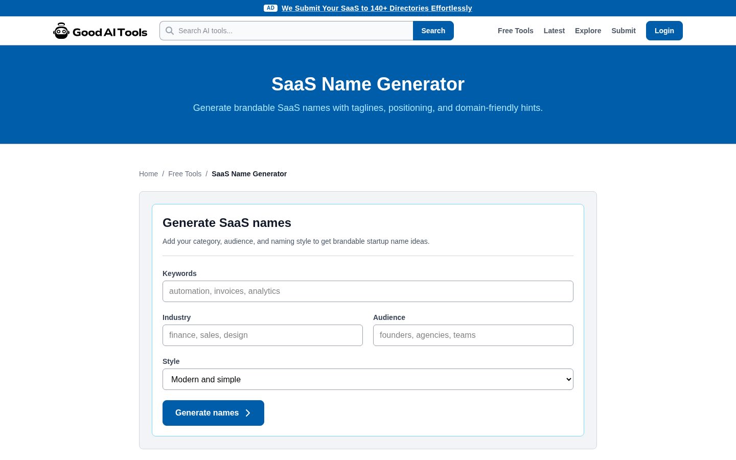 SaaS Name Generator Homepage