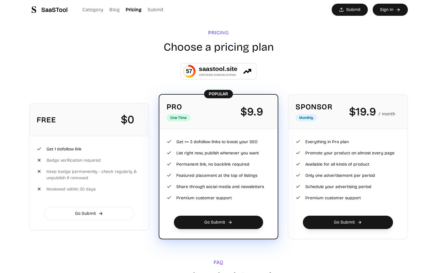 SaaSTool - Rising Star SaaS Directory Pricing
