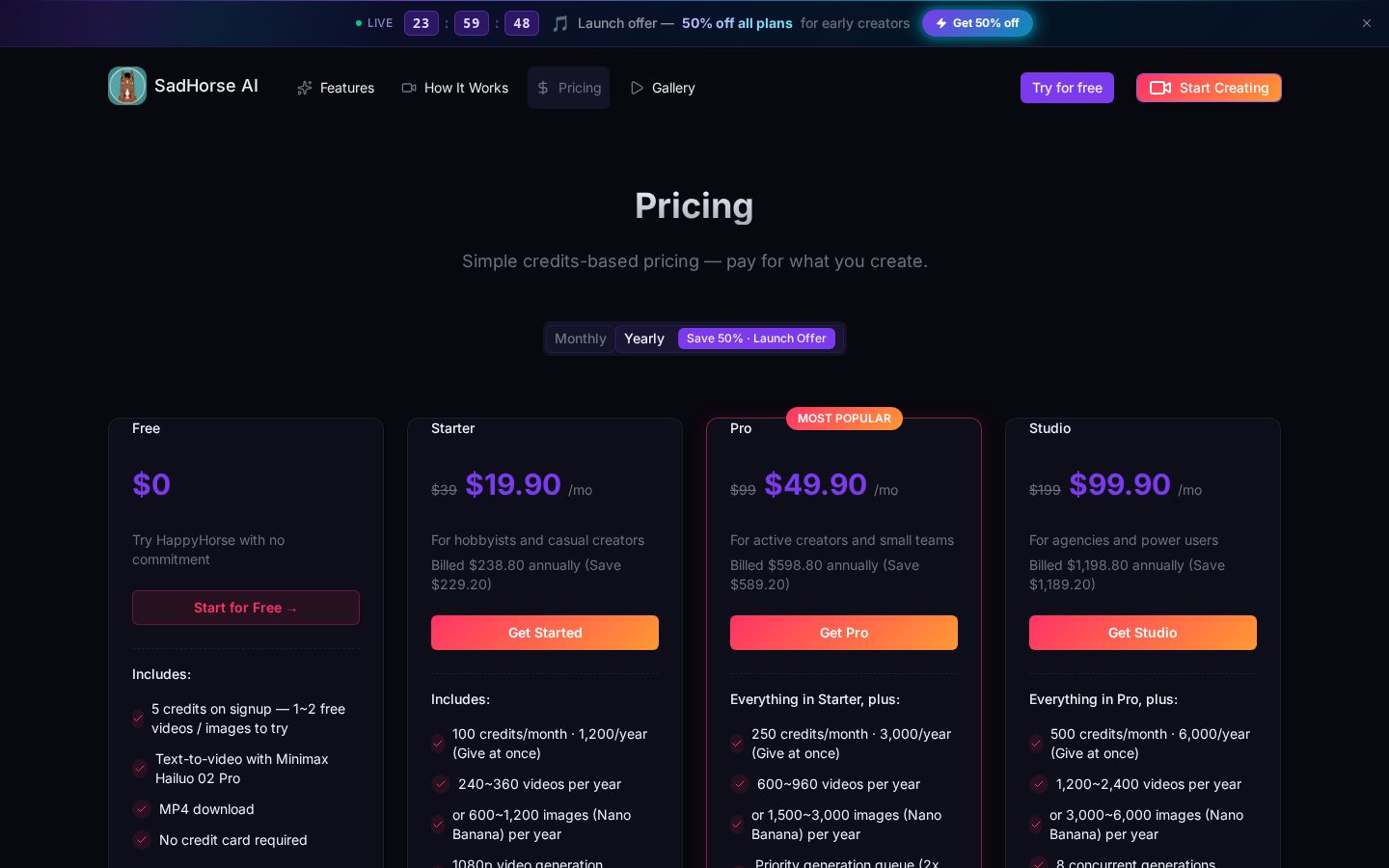 SadHorse Studio Pricing