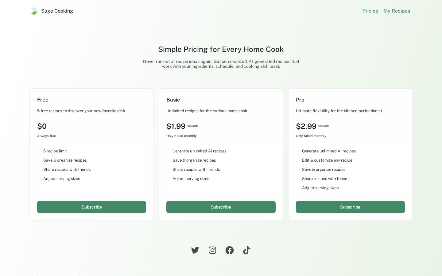 Sage cooking Pricing