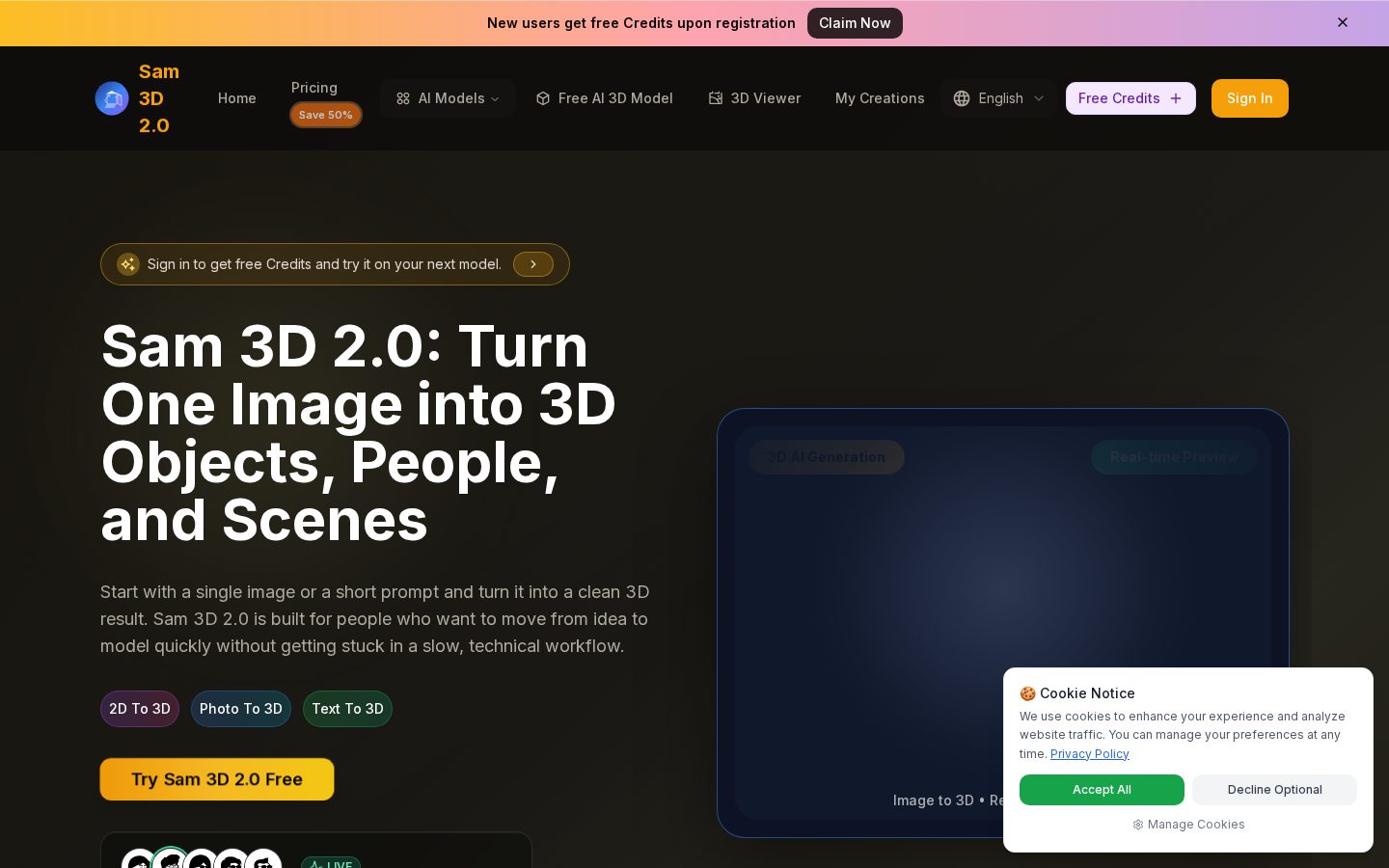 Sam 3D 2.0 Homepage