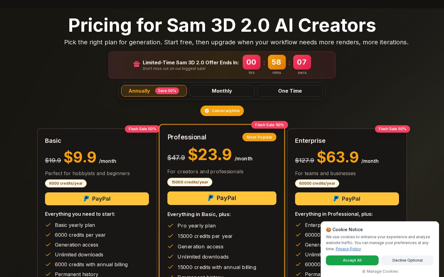 Sam 3D 2.0 Pricing
