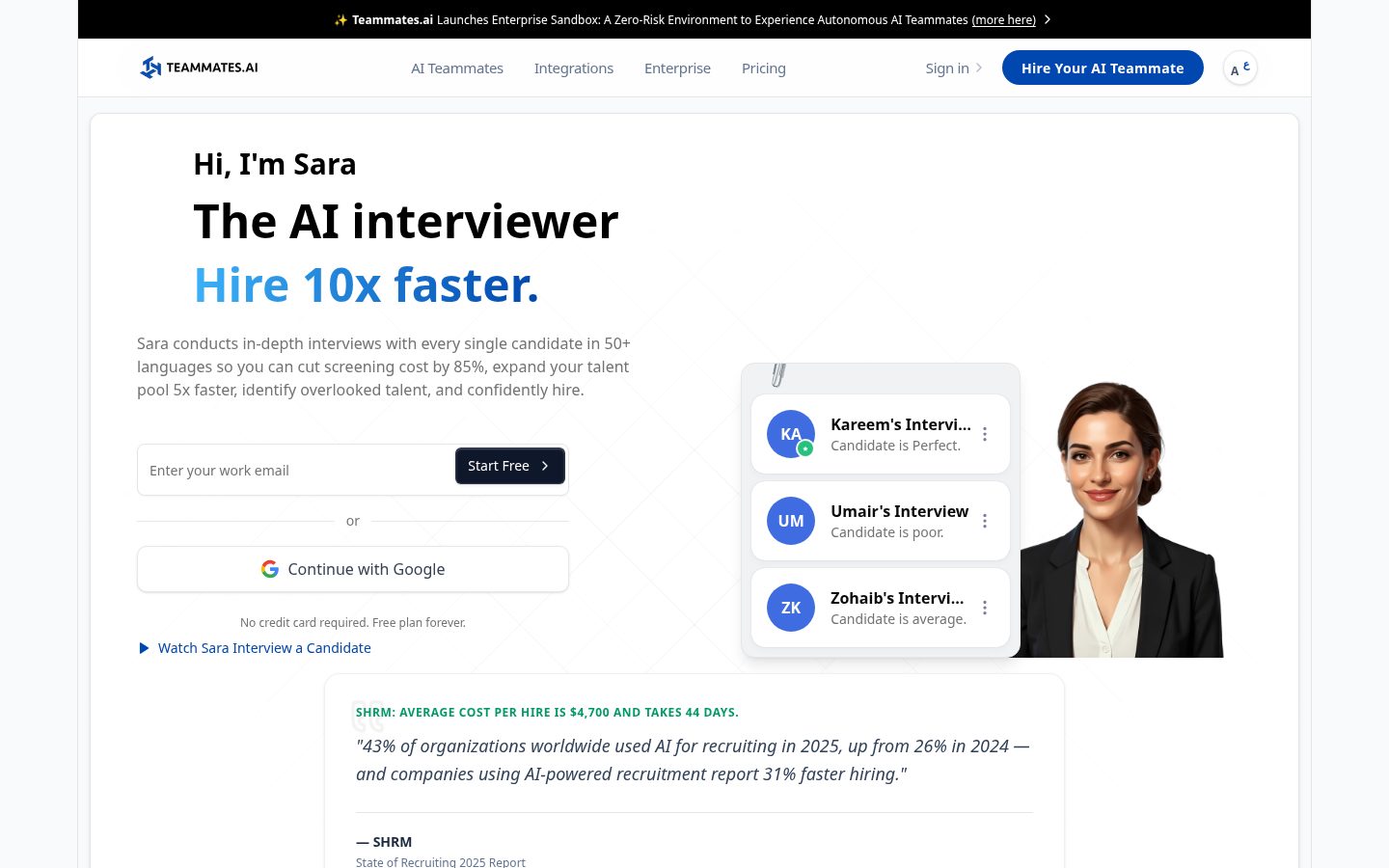 Sara, the AI Interviewer Homepage