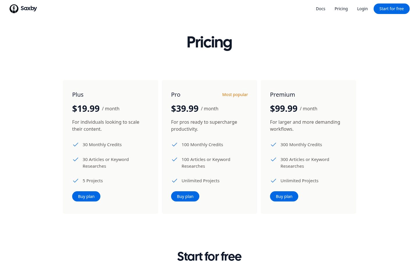 Saxby.io Pricing