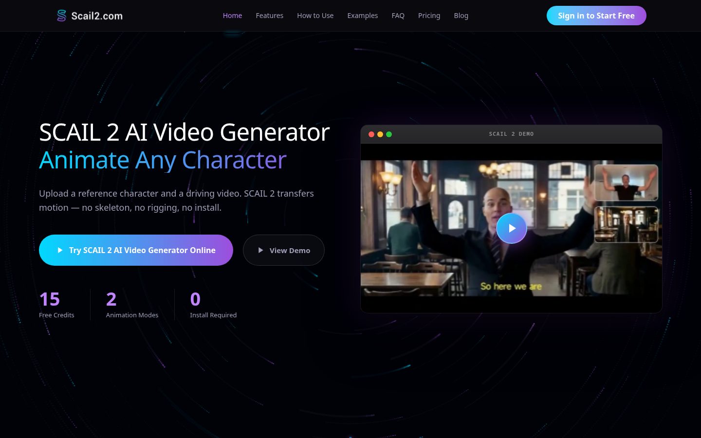 Scail 2 AI Video Generator Homepage