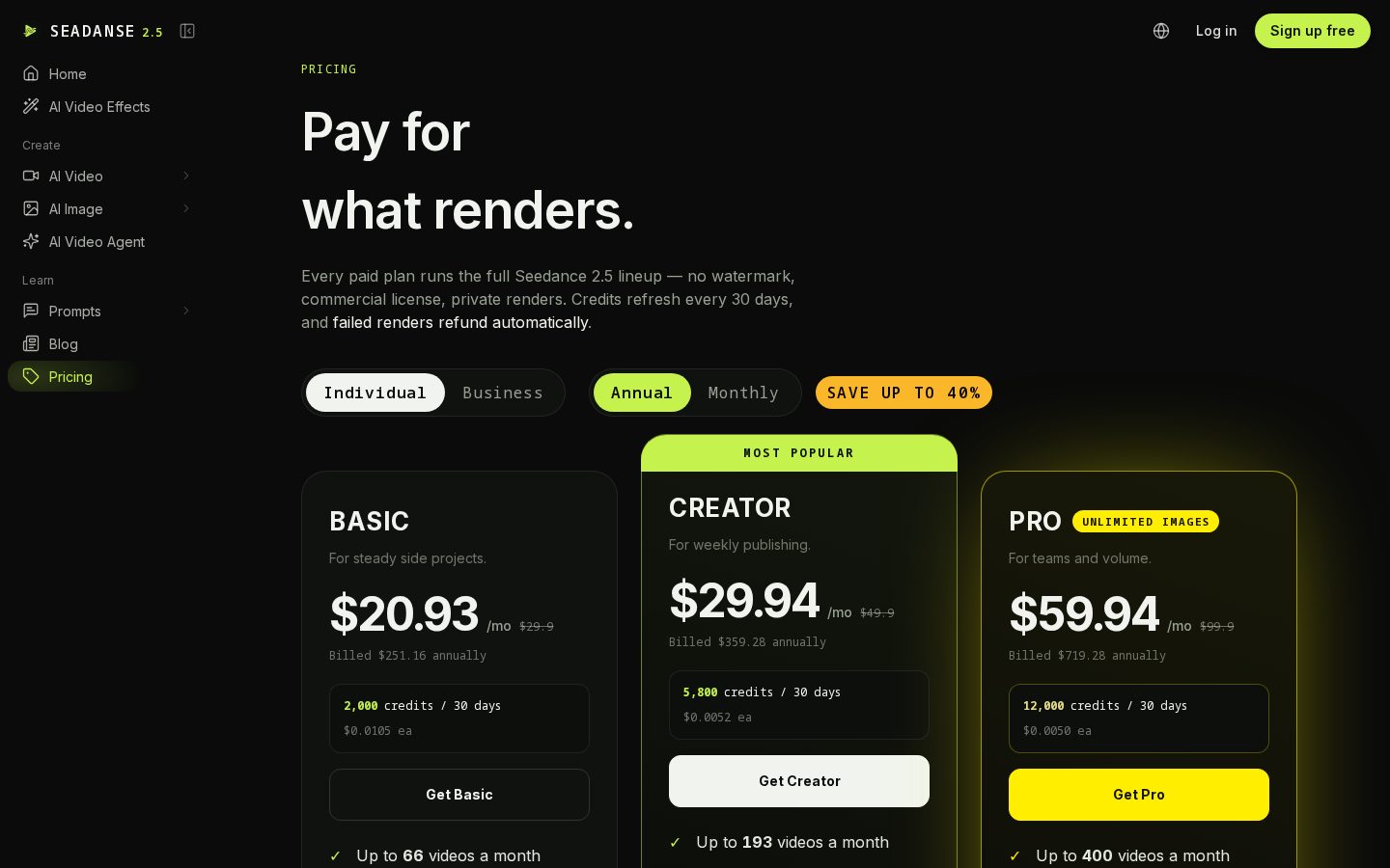 Seadanse Pricing