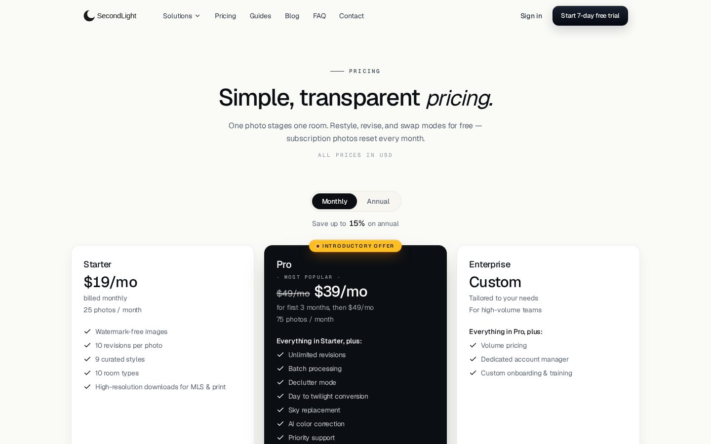SecondLight Pricing