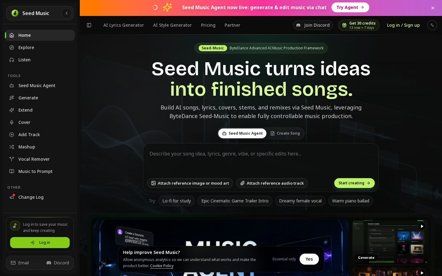 Seed Music Pro AI Music Generator Homepage