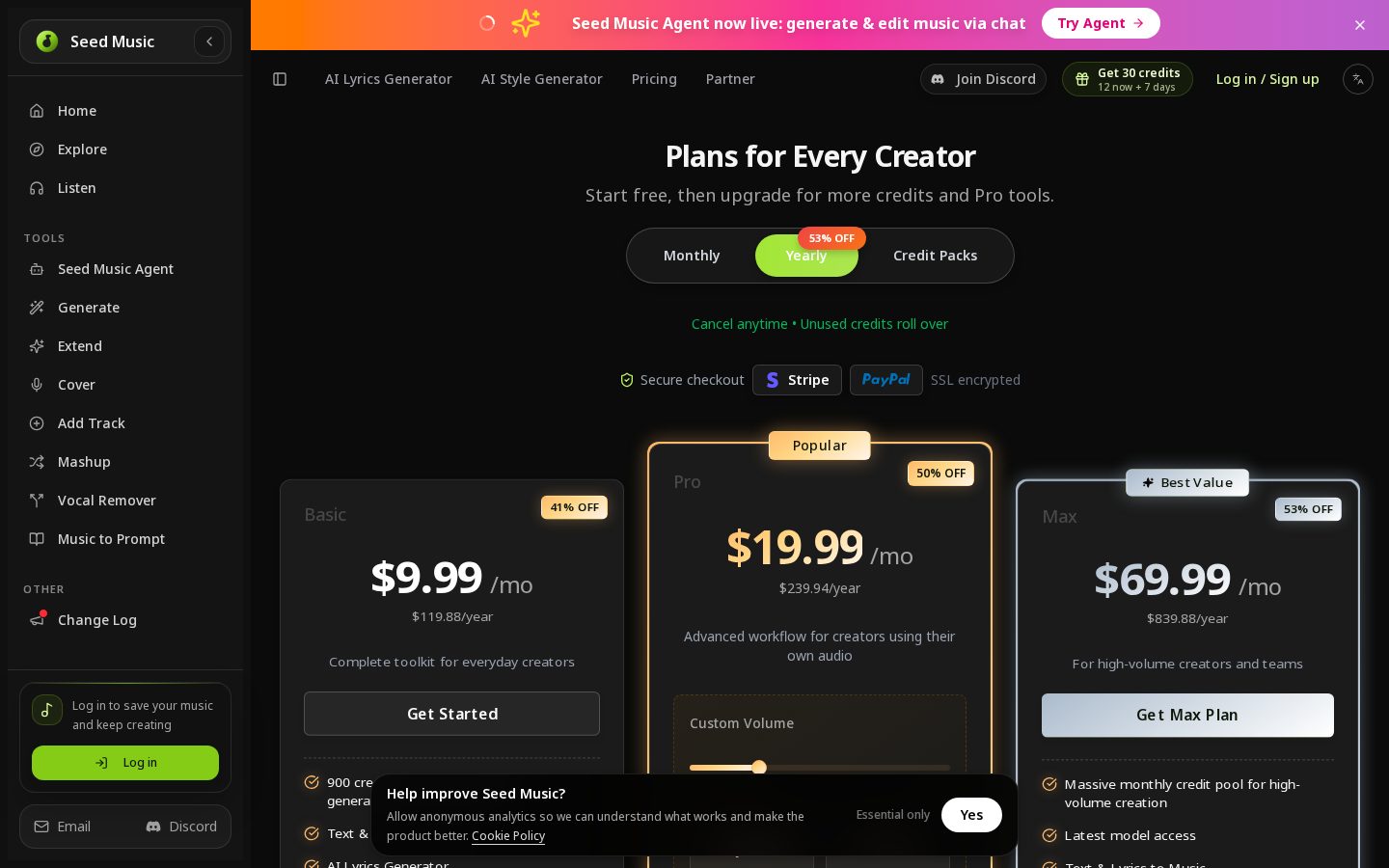 Seed Music Pro AI Music Generator Pricing