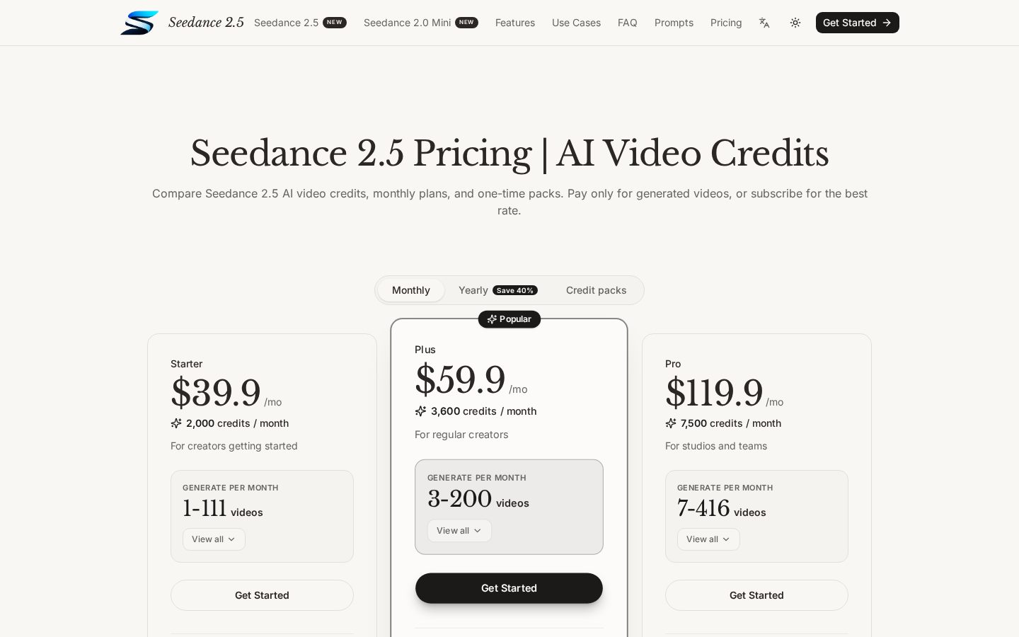 Seedance 2.0 Mini Pricing