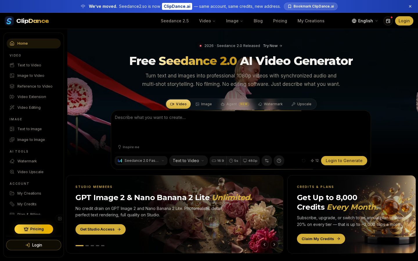seedance 20 on ClipDance Homepage