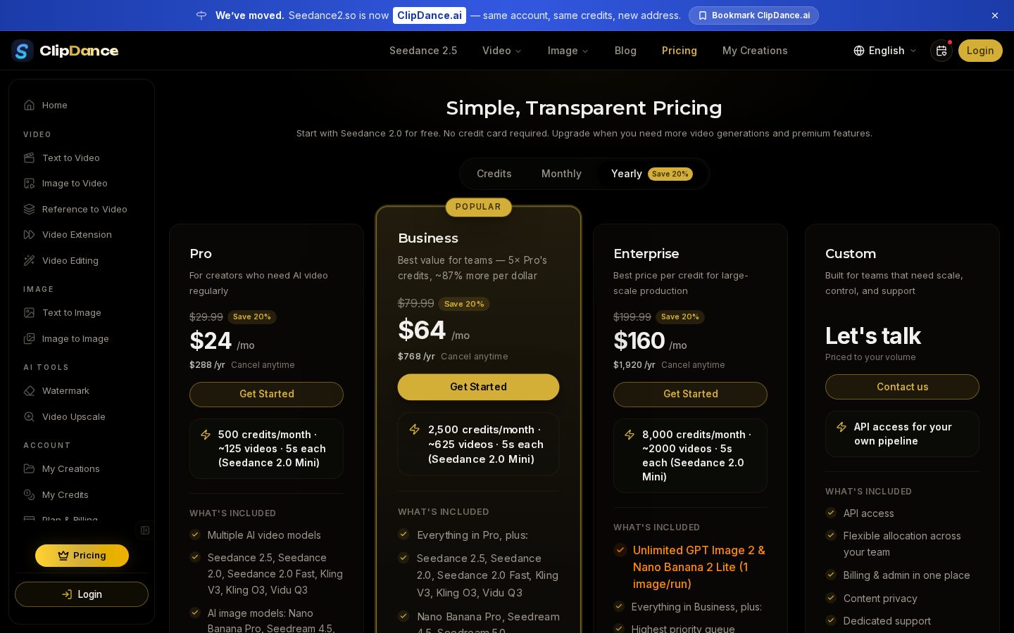 seedance 20 on ClipDance Pricing