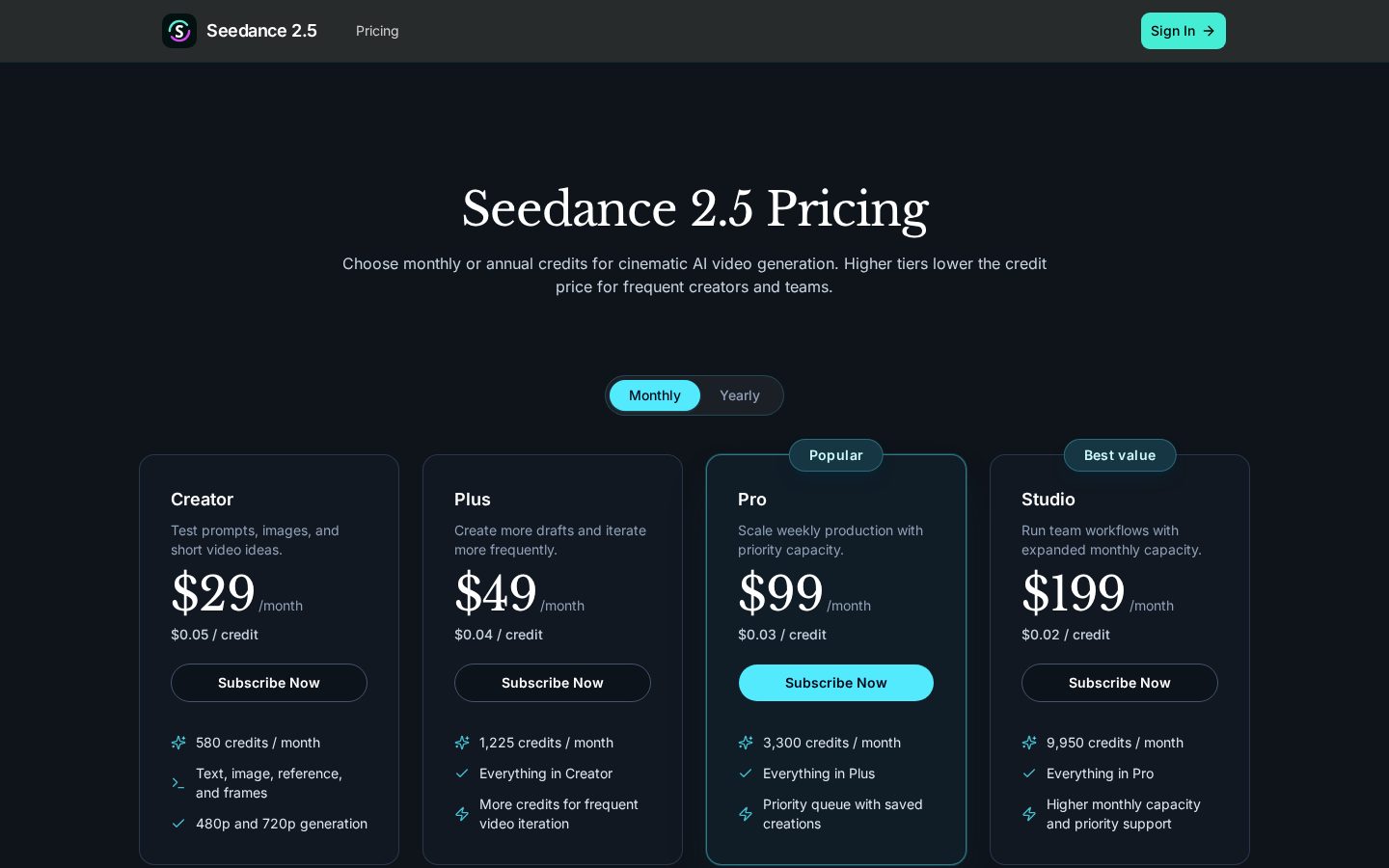 Seedance 2.5 AI Video Gen Pricing