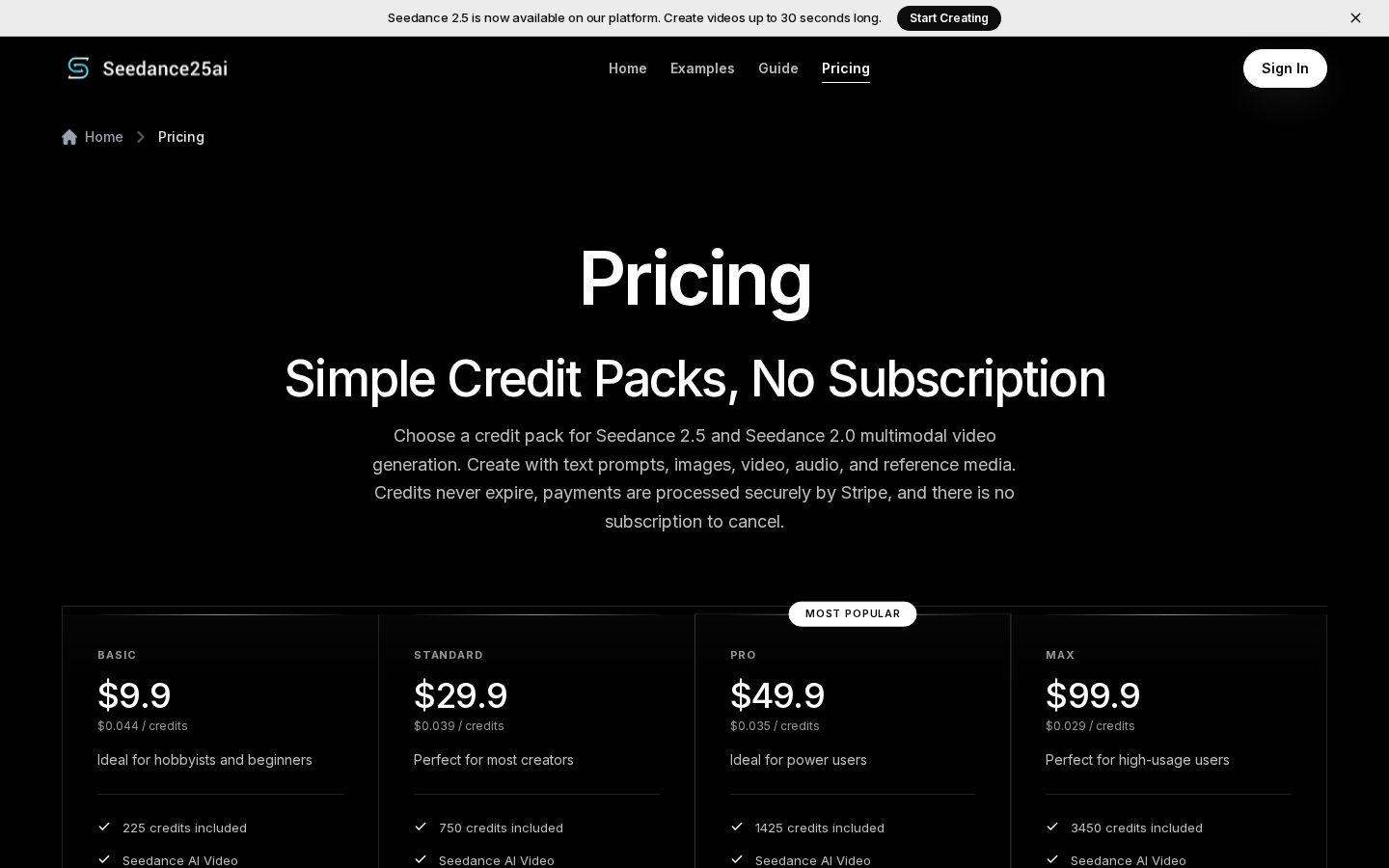 Seedance 2.5 Video Generator Pricing