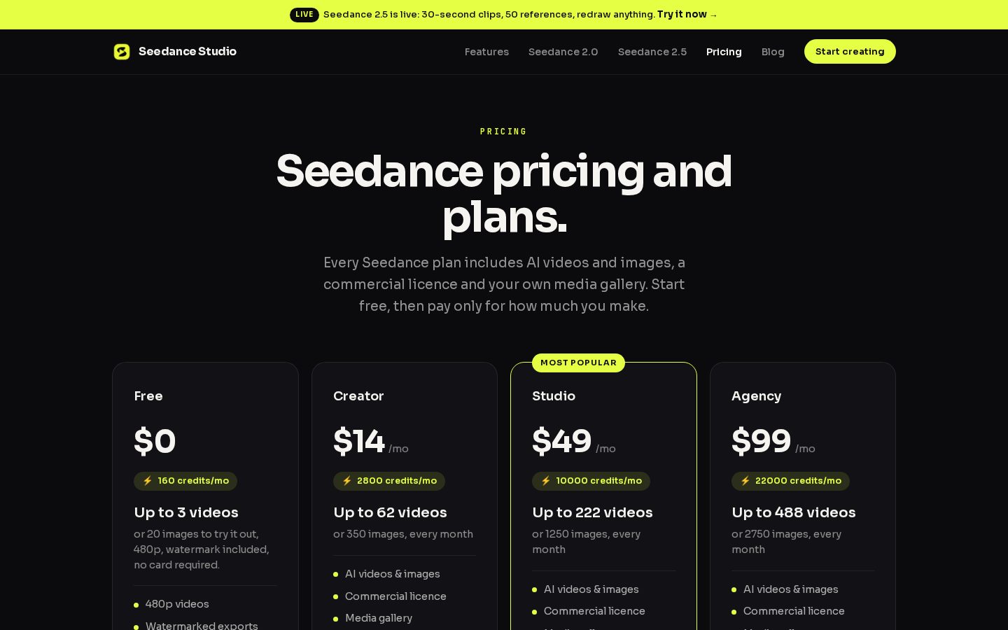 Seedance Studio Pricing