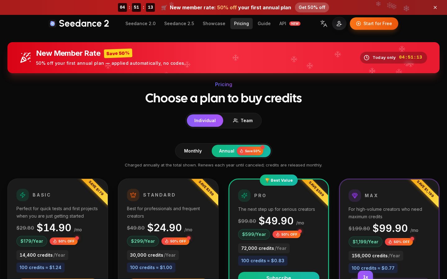 Seedance2AI Pricing