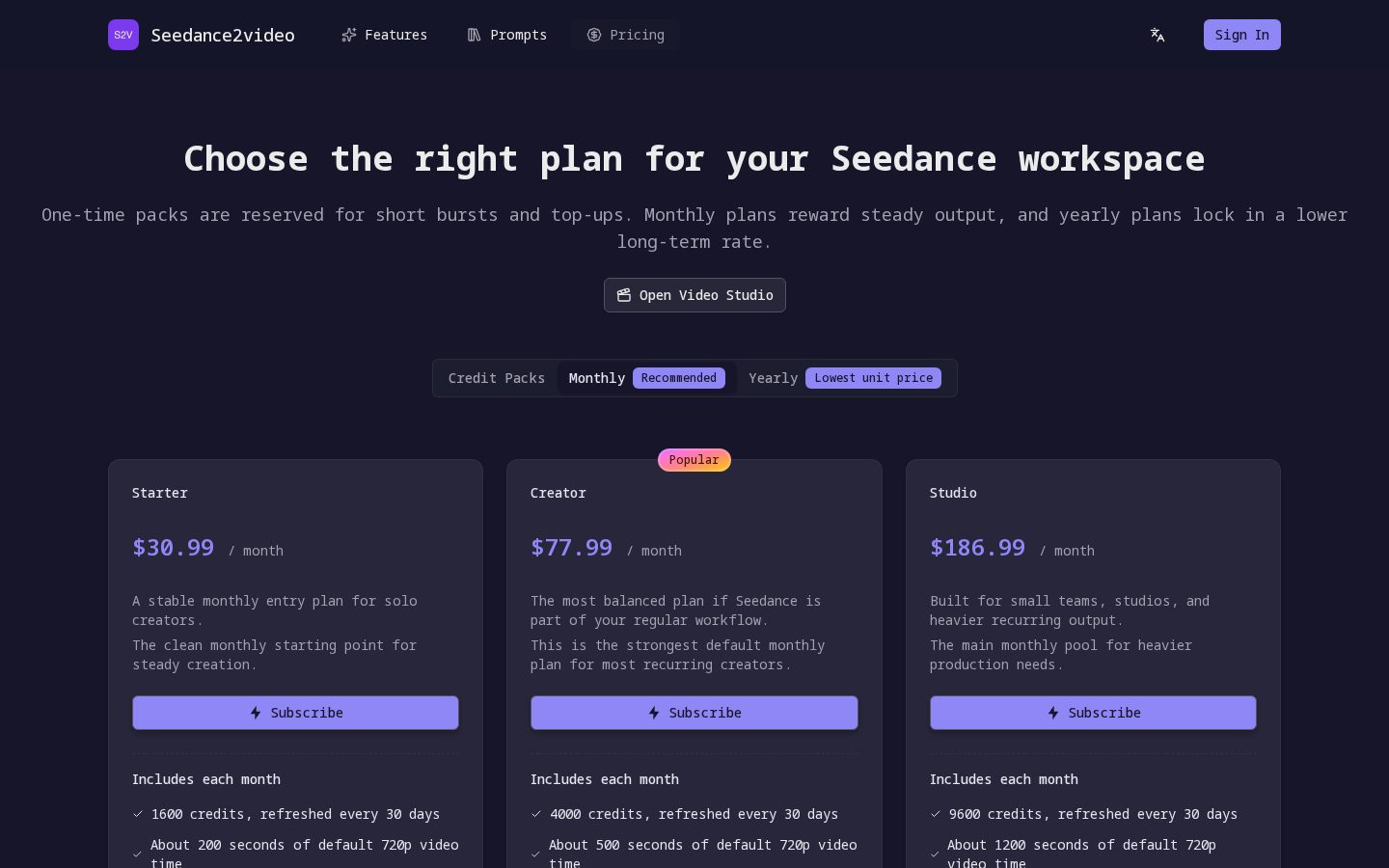 seedance2video Pricing