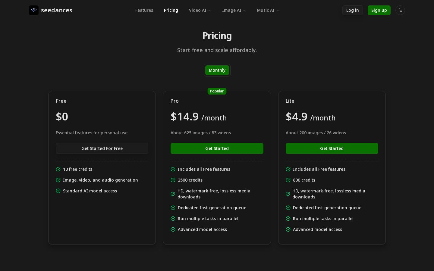 seedances Pricing
