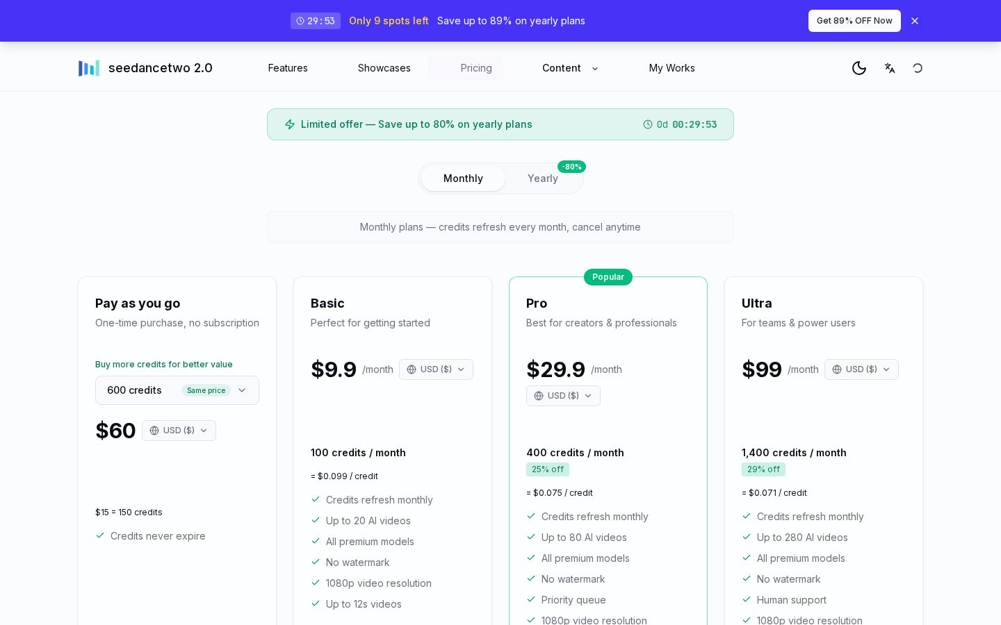 seedancetwo2.0 Pricing