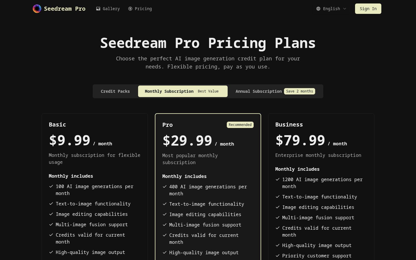 Seedream Pro Pricing