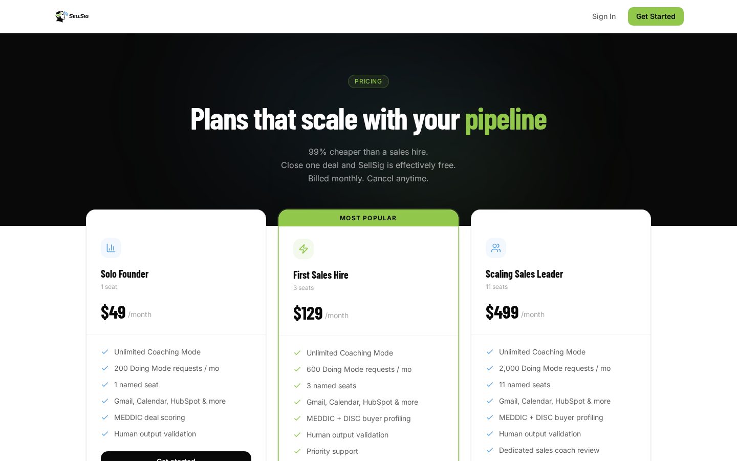 Sellsig AI Sales Coach Pricing