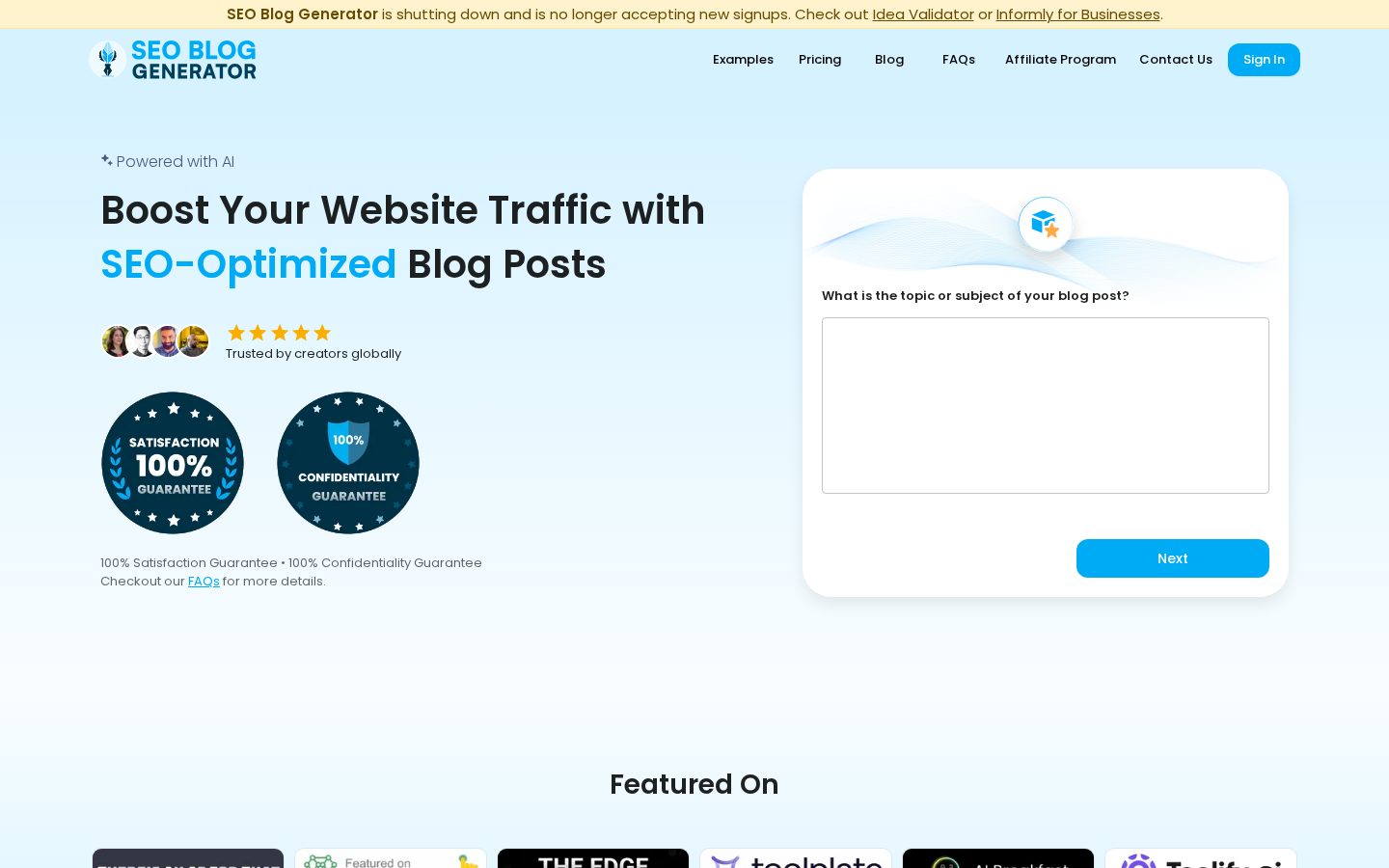 SEO Blog Generator Homepage